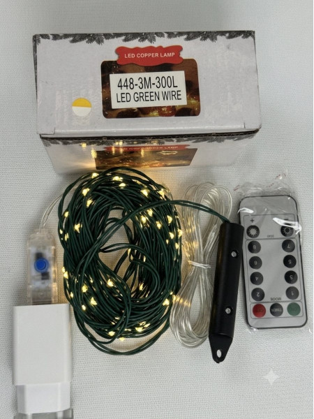 Світлодіодна гірлянда Кірська / Кінський хвіст 3 м (10 ниток, 300 LED), зелений дріт, тепле біле світло, USB + адаптер 220V, пульт ДК