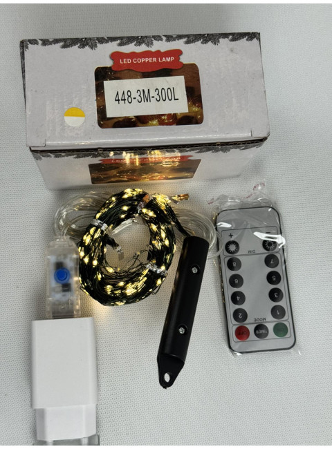 Світлодіодна гірлянда Кірська / Кінський хвіст 3 м (10 ниток, 300 LED), зелений дріт, тепле біле світло, USB + адаптер 220V, пульт ДК