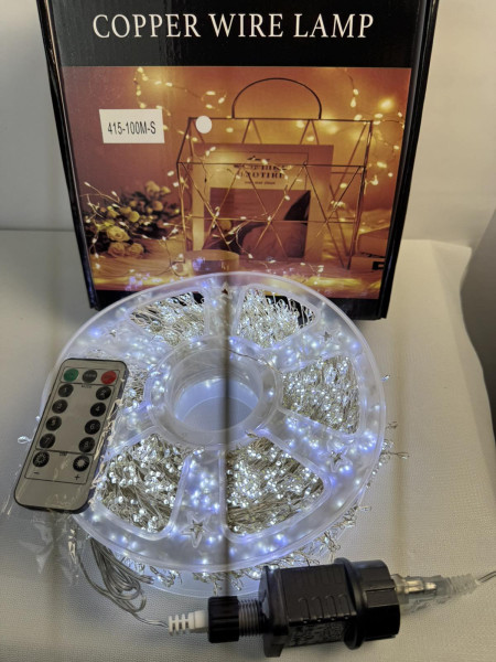 Гірлянда Роса Мішура 100 м 3000 LED з пультом, холодне світло, срібний дріт