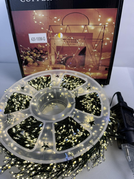Гірлянда Роса Мішура 100 м 3000 LED з флеш ефектом, тепле світло, зелений дріт