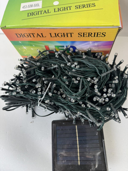 Вулична гірлянда-нитка на сонячній панелі 50 м на 500 LED (зелений дріт, холодне світло, фабрична якість)